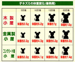 子ネズミの体重変化は木製小屋は20日後約12グラム、金属製小屋は約8,2グラム、コンクリート小屋は約7.4グラム